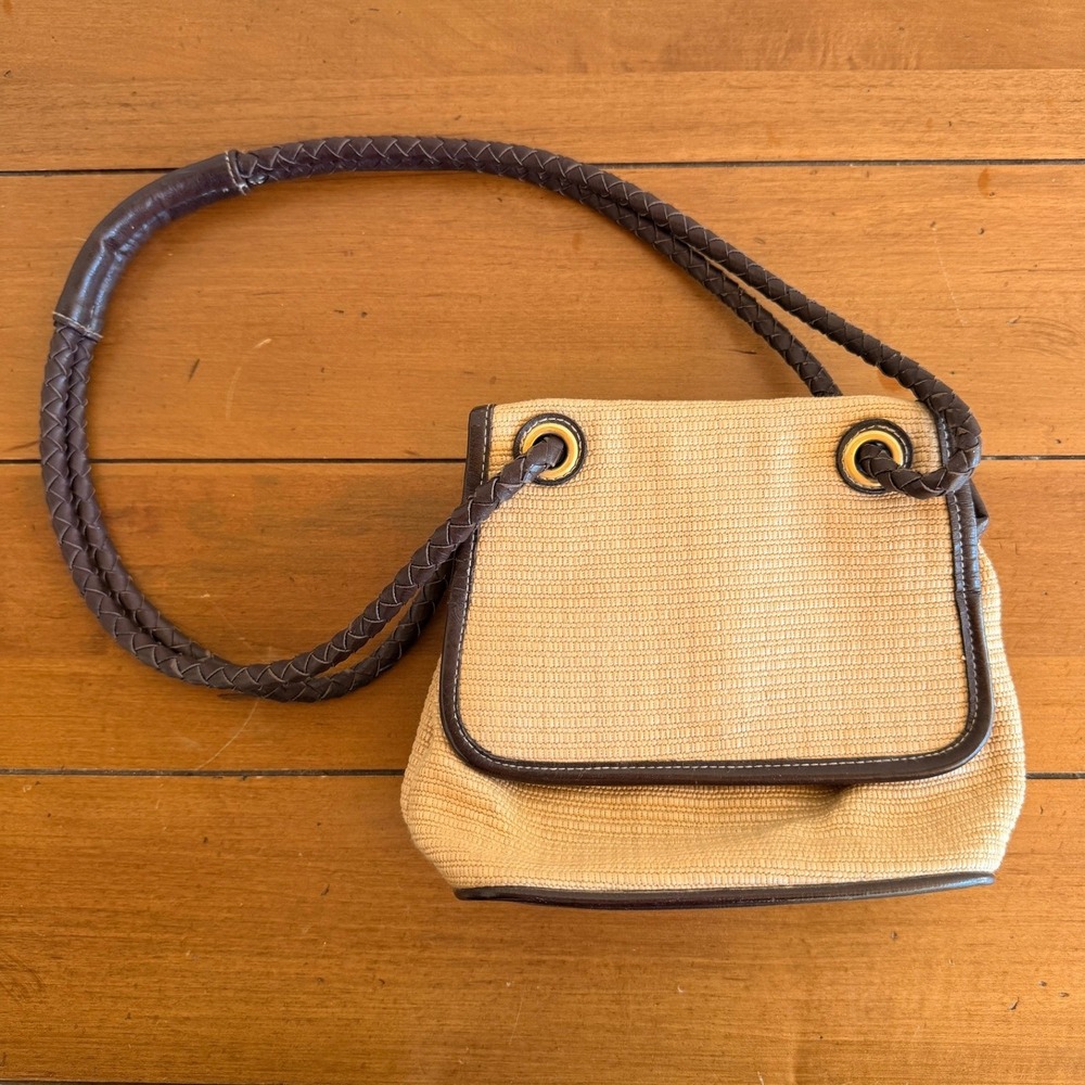 Frankie & Johnnie Woven Straw Crossbody Bag Brown Braided‎ Strap Tan Boho Small